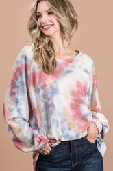 BiBi Tie Dye Print Terry Top With Puff Sleeves RUST MULTI OutfitFlow