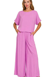 Zenana Round Neck T-Shirt and Wide Leg Pants Set BRIGHT MAUVE OutfitFlow