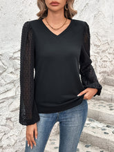 Full Size V-Neck Swiss Dot Long Sleeve Blouse Black OutfitFlow