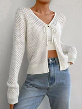 Tied Openwork V-Neck Long Sleeve Cardigan White One Size OutfitFlow