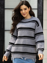 Striped Frayed Hem Round Neck Sweater Dark Gray OutfitFlow