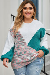 Plus Size Color Block Round Neck Sweater Multicolor OutfitFlow