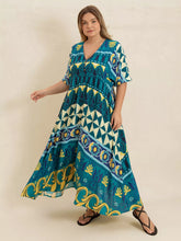 Plus Size Printed V-Neck Half Sleeve Midi Dress Deep Teal OutfitFlow