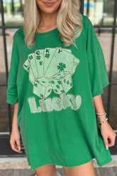 Rhinestone Lucky Poker Cards Oversized T-Shirt Green OutfitFlow