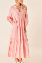 Frill Tiered Tie Neck Long Sleeve Dress Watermelon pink OutfitFlow
