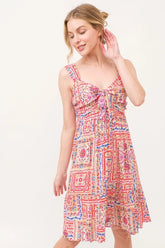 And The Why Tied Front Smocked Back Tiered Boho Printed Dress Red Multi OutfitFlow