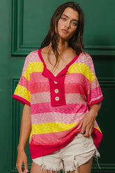 BiBi Multi Color Stripe Hacci Button Detail Ringer Top FUCHSIA YELLOW OutfitFlow