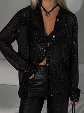 Sequin Button Up Long Sleeve Shirt Black OutfitFlow