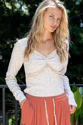 POL Floral V-Neck Long Sleeve T-Shirt Cream OutfitFlow