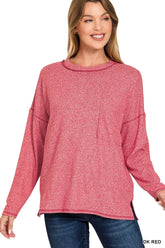 Zenana Soft Melange Hacci Round-Neck Long Sleeve T-Shirt DK RED OutfitFlow