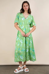 VERY J Printed V-Neck Resort Midi Dress Sage OutfitFlow