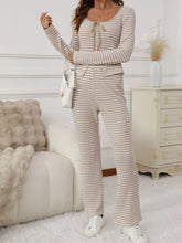 Striped Long Sleeve Top and Pants Set Apricot OutfitFlow