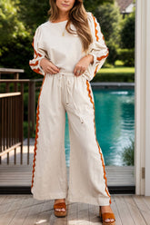 Round Neck Long Sleeve Top and Drawstring Pants Set Ivory OutfitFlow