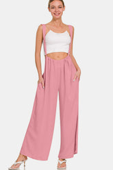 Zenana Pocketed Wide Strap Wide Leg Overalls Lt Rose OutfitFlow