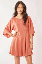 Davi & Dani Solid Draped Sleeve Ties Back Skort Romper SALMON OutfitFlow