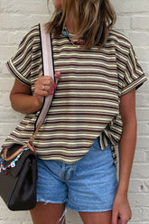 Stripe Textured Side Slit Crew Neck T-Shirt Coffee Brown OutfitFlow