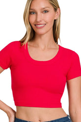 Zenana Ribbed Scoop Neck Crop Short Sleeve Top RUBY OutfitFlow