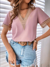 Full Size Contrast V-Neck Short Sleeve Blouse Plus Size Blush Pink OutfitFlow