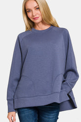 Zenana Scuba Round Neck Side Slit Sweatshirt Blue Indigo OutfitFlow