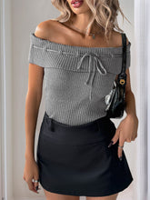 Perfee Tied Off-Shoulder Short Sleeve Knit Top Gray OutfitFlow