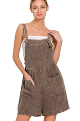 Zenana Woven Double Gauze Acid Washed Romper BROWN OutfitFlow