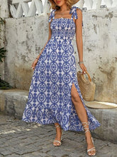 Perfee Slit Smocked Square Neck Printed Maxi Cami Dress Blue OutfitFlow