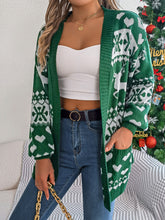 Pocketed Open Front Long Sleeve Cardigan Dark Green OutfitFlow