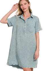 Zenana Tencel Mineral Washed Collared Shirts Dress BLUE GREY OutfitFlow