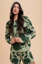 Annie Wear Flower Pattern Drawstring Hooded Top and Shorts Sweater Set Green combo OutfitFlow