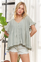 ADORA Button Down Ruffled Babydoll Blouse SAGE OutfitFlow