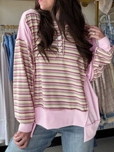 Exposed Seam Color Block Striped Patchwork Loose Henley Sweatshirt Blush Pink OutfitFlow