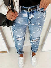 Star Print Distressed High Waist Boyfriend Jeans Light Blue OutfitFlow