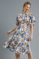 Umgee Floral Print Flutter Sleeve Dress Royal Blue OutfitFlow