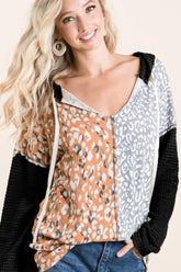 BiBi Popcorn Waffle Knit Hoodie with Print Block Front BLACK MUSTARD OutfitFlow