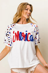 BiBi Metallic Letter Spangle Raglan Puff Sleeve Top OFF WHITE OutfitFlow