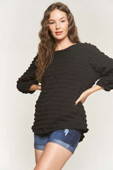 ADORA Bubble Texture Round Neck Blouse Black OutfitFlow