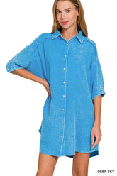 Zenana Washed Double Gauze Button Down Shirt Dress DEEP SKY OutfitFlow