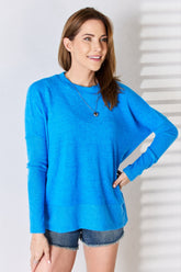 Zenana Ribbed Trim Round Neck Long Sleeve Top Ocean Blue OutfitFlow