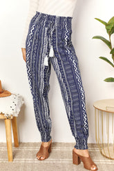 Perfee Geometric Print Tassel High-Rise Pants Dark Blue OutfitFlow