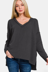 Zenana Texture Exposed Seam V-Neck Long Sleeve T-Shirt Black OutfitFlow