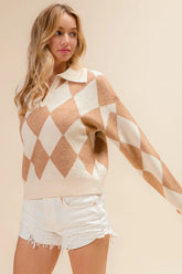 BiBi Diamond Pattern Collared Notch Neck Sweater OATMEAL LATTE OutfitFlow