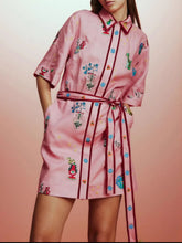 Printed Tie Waist Half Sleeve Shirt Dress Color OutfitFlow