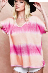 BiBi Tiedye Printed Hacci Knit Top PEACH FUCHSIA OutfitFlow