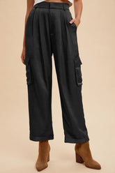 Annie Wear Wide Leg Cargo Satin Pants Black OutfitFlow