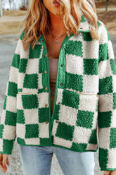 Checkered Snap Down Long Sleeve Jacket Green OutfitFlow