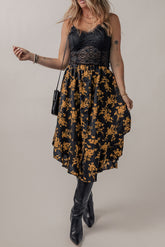Floral Buttoned Ruffle Hem Skirt Black OutfitFlow