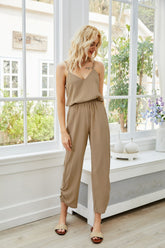 V-Neck Spaghetti Strap Sleeveless Jumpsuit Khaki OutfitFlow