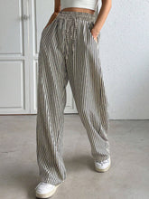 Drawstring Striped Elastic Waist Pants Black White OutfitFlow