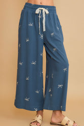Umgee Full Size Lace Drawstring Embroidered Bow Wide Leg Pants Plus Size Dusty Blue OutfitFlow