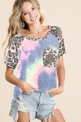 BiBi Tie Dye Knit Top with Leopard Raglan Sleeves CHARCOAL TIEDYE OutfitFlow